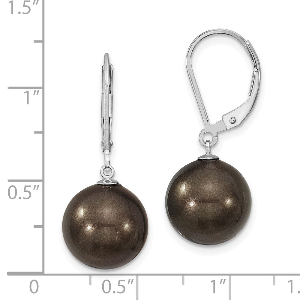 Sterling Silver Majestik Rhodium-Plated 12-13mm Black Imitation Shell Pearl Leverback Dangle Earrings