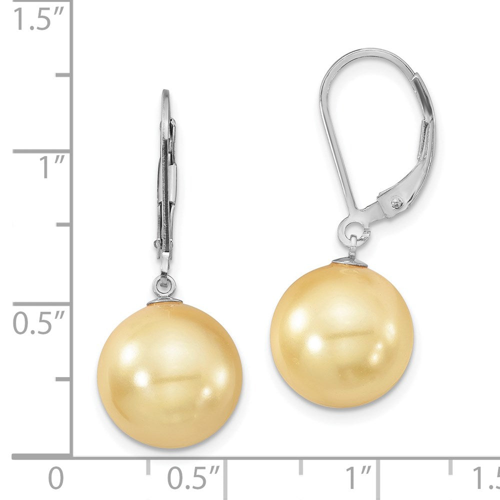 Sterling Silver Majestik Rhodium-Plated 12-13mm Yellow Imitation Shell Pearl Leverback Dangle Earrings