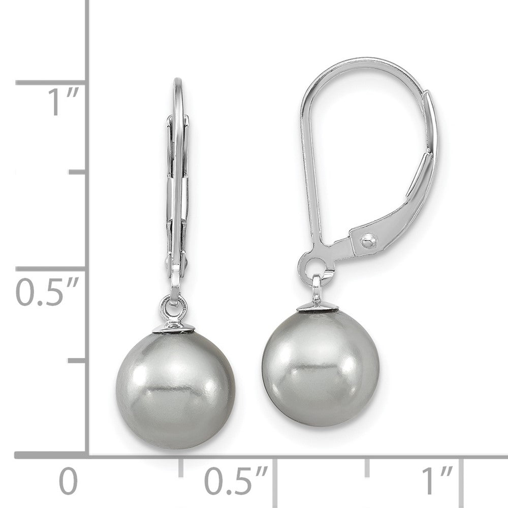 Sterling Silver Majestic Rhodium-Plated 8-9mm Grey Imitation Shell Pearl Leverback Dangle Earrings