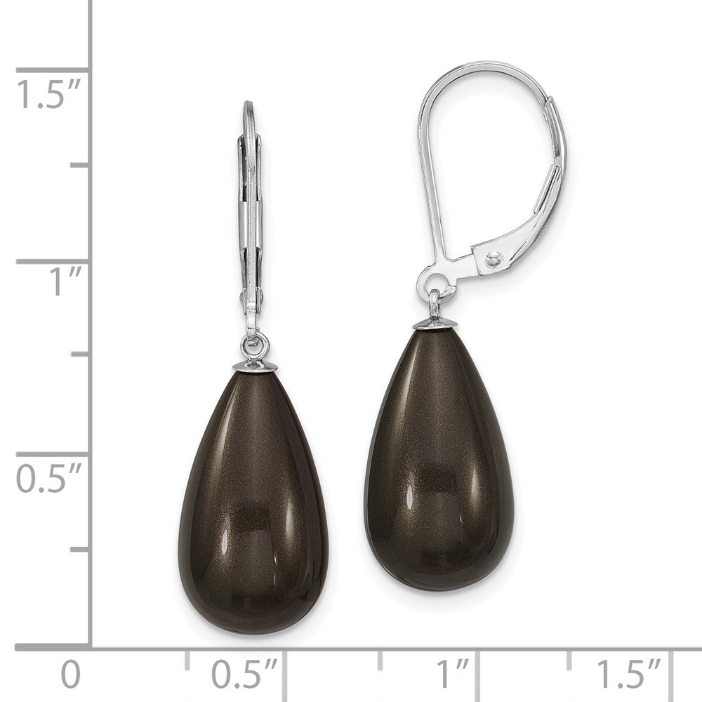 Sterling Silver Majestik Rhodium-Plated 10X18mm Teardrop Black Imitation Shell Pearl Leverback Dangle Earrings
