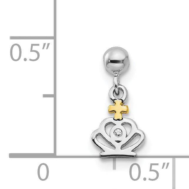 Sterling Silver Mio Memento Rhodium-Plated Gold-Tone Cz Dangle Crown Charm