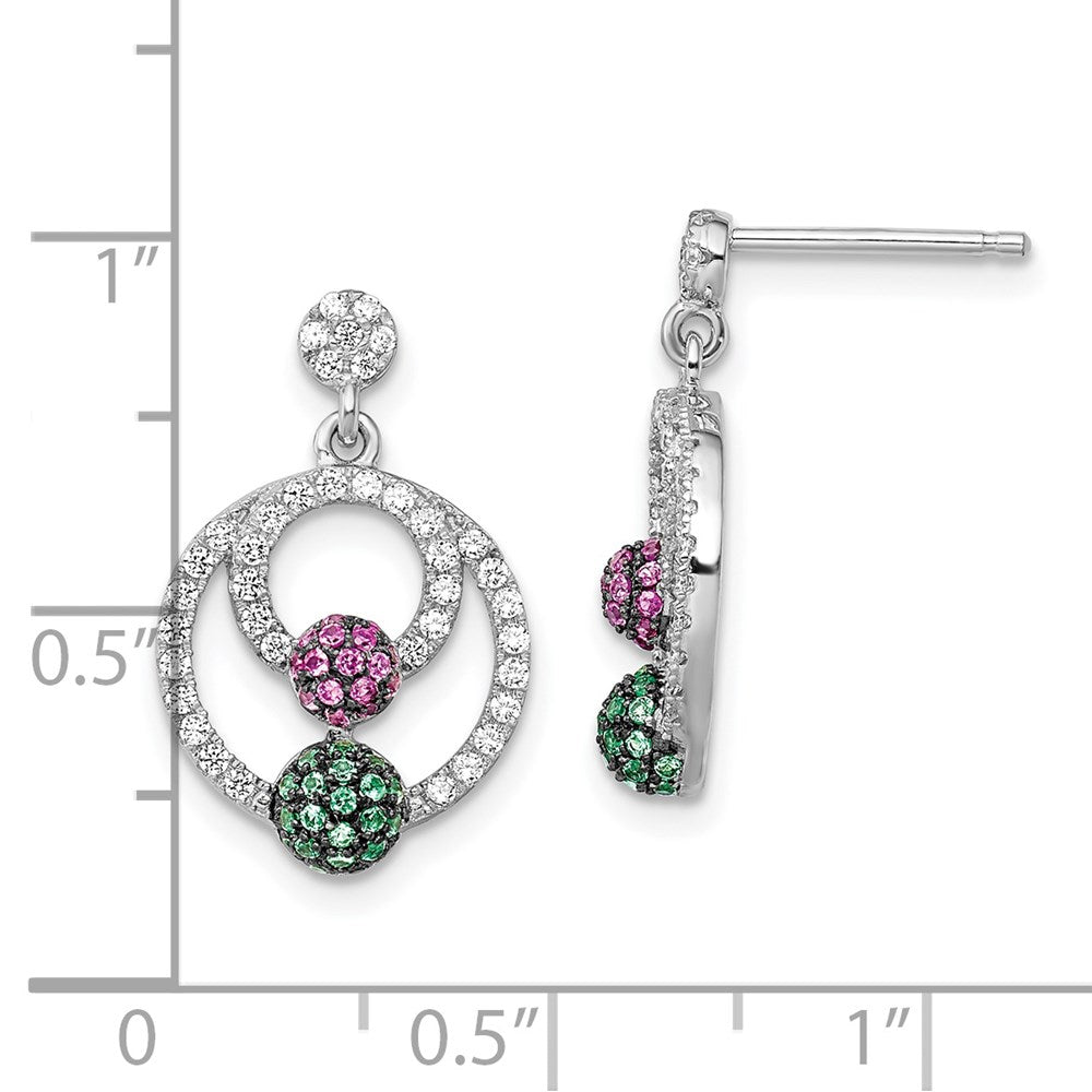 Sterling Silver Brilliant Embers Rhodium-Plated 152 Stone Multi Micro Pav Green Red And White Cz Circle Dangle Post Earrings