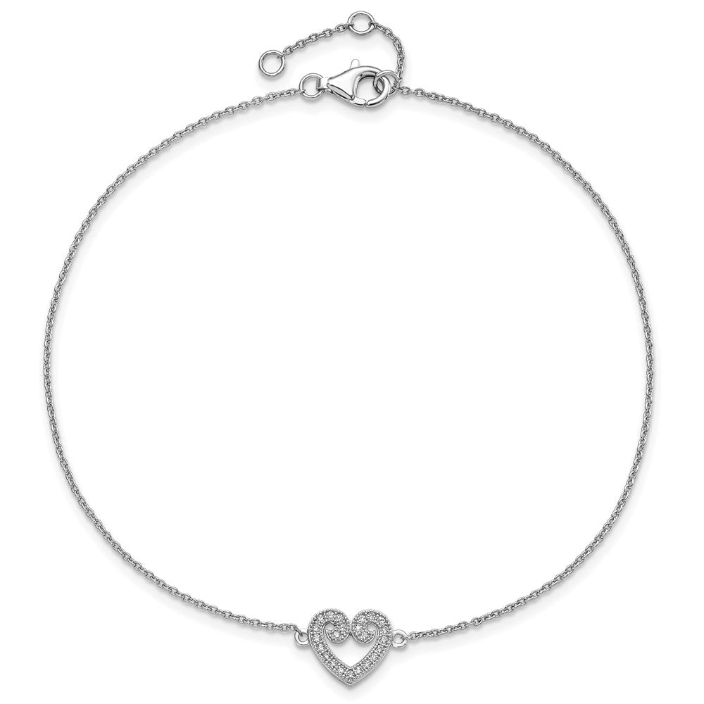 Sterling Silver Brilliant Embers Rhodium-Plated 23 Stone 9 Inch Micro Pav Cz Heart Anklet With 1 Extender