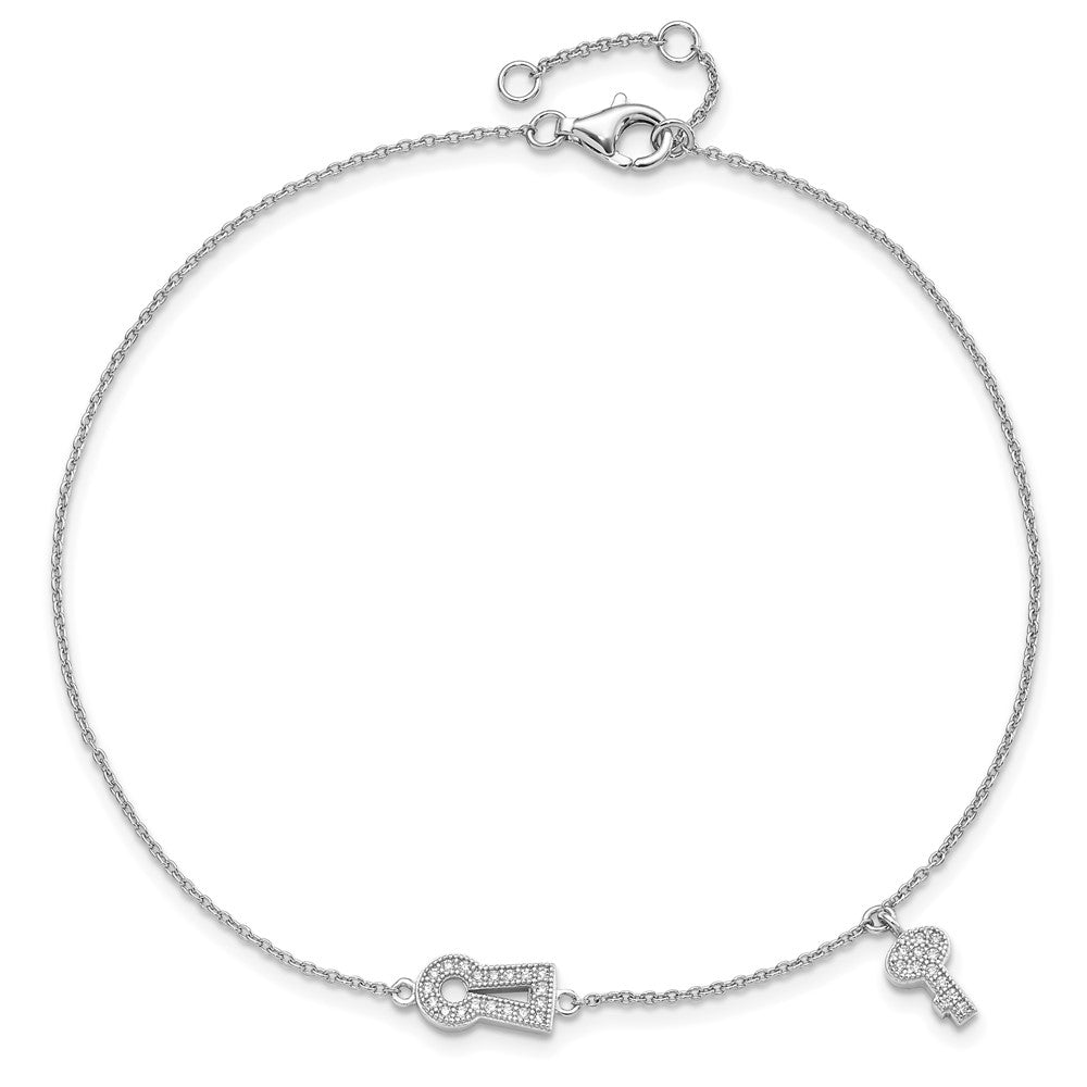 Sterling Silver Brilliant Embers Rhodium-Plated 30 Stone 9 Inch Micro Pav Cz Lock Key Anklet With 1 Extender