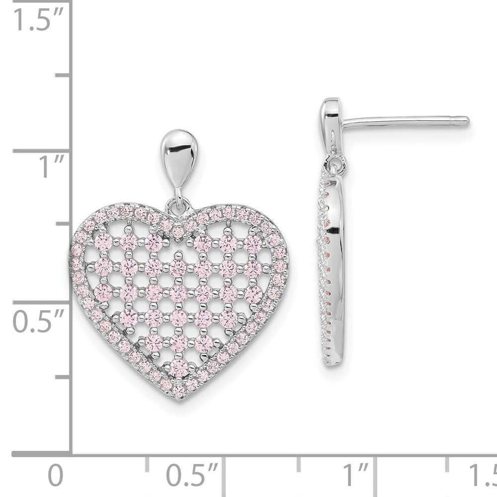 Sterling Silver Brilliant Embers Pink Cz Heart Post Dangle Earrings