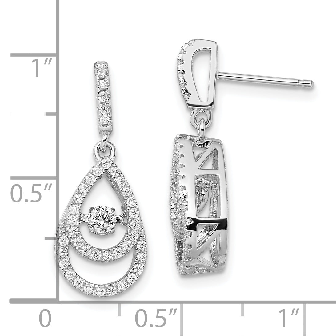 Sterling Silver Brilliant Embers Rhodium-Plated 82 Stone Cz Moving Center Pear Shaped Vibrant With Micro Pav Dangle Post Earrings