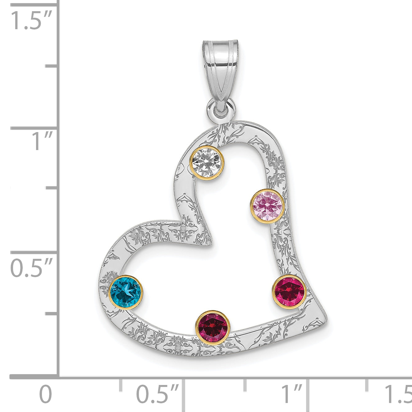 Sterling Silver Ss/Rhod-Plated 5 Birthstone Heart With 14K Bezel Family Pendant