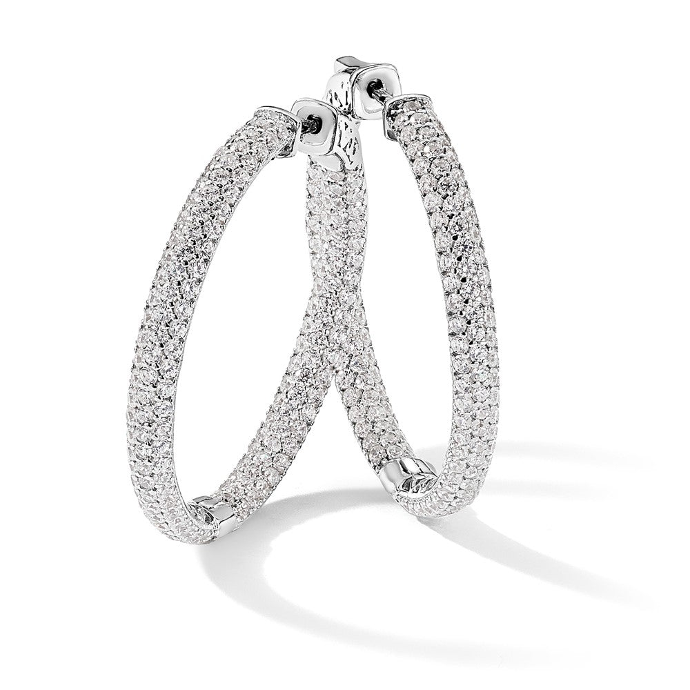 Sterling Silver Shimmer Rhodium-Plated 304 Stone Pav 1.5mm Cz In And Out Round Hinged Hoop Earrings