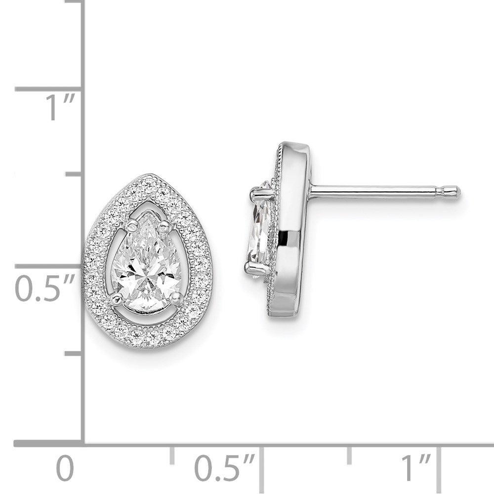 Sterling Silver Brilliant Embers Rhodium-Plated 52 Stone Pear Halo Micro Pav Cz Teardrop Post Earrings