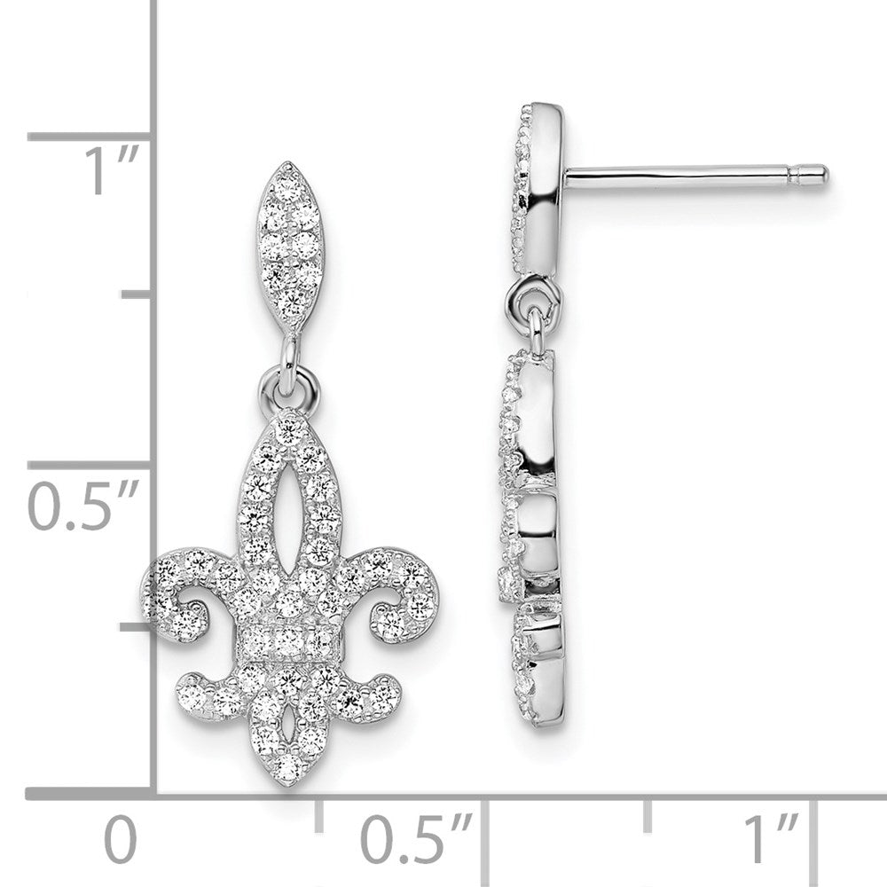 Sterling Silver Brilliant Embers Rhodium-Plated 940 Stone Micro Pav Cz Fleur De Lis Post Dangle Earrings