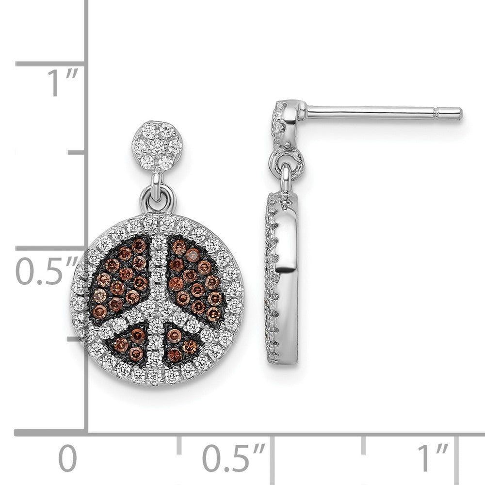 Sterling Silver Brown & Clear Cz True Fire Peace Sign Dangle Earrings