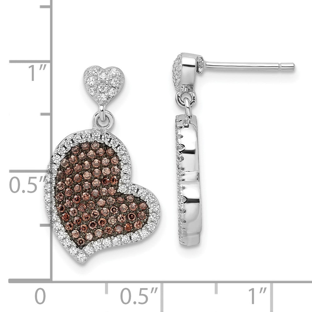 Sterling Silver Brown & Clear Cz True Fire Heart Dangle Post Earrings