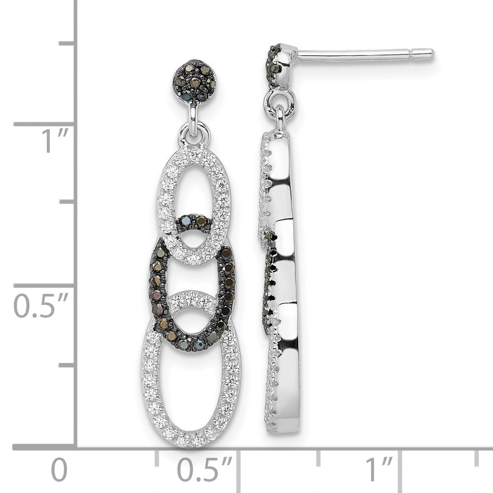 Sterling Silver Black & Clear Cz True Fire Oval Dangle Post Earrings