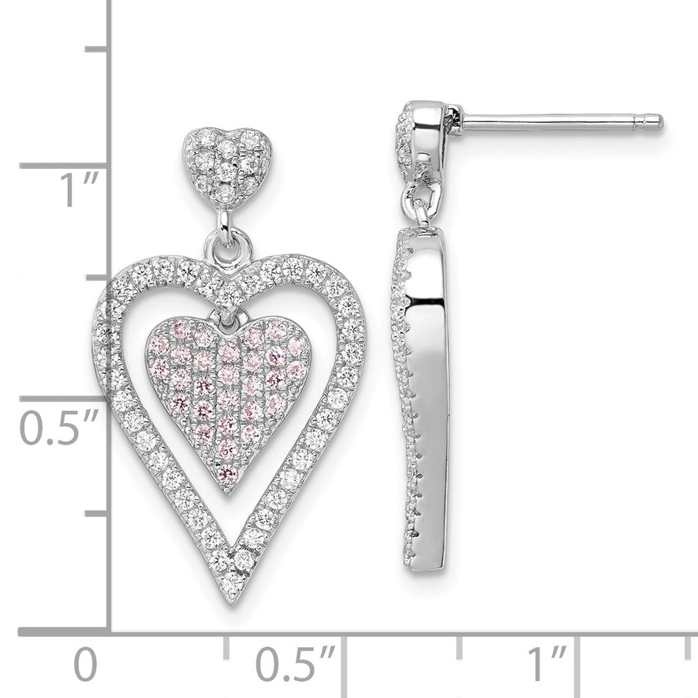 Sterling Silver Pink & Clear Cz Brilliant Embers Heart Dangle Post Earrings