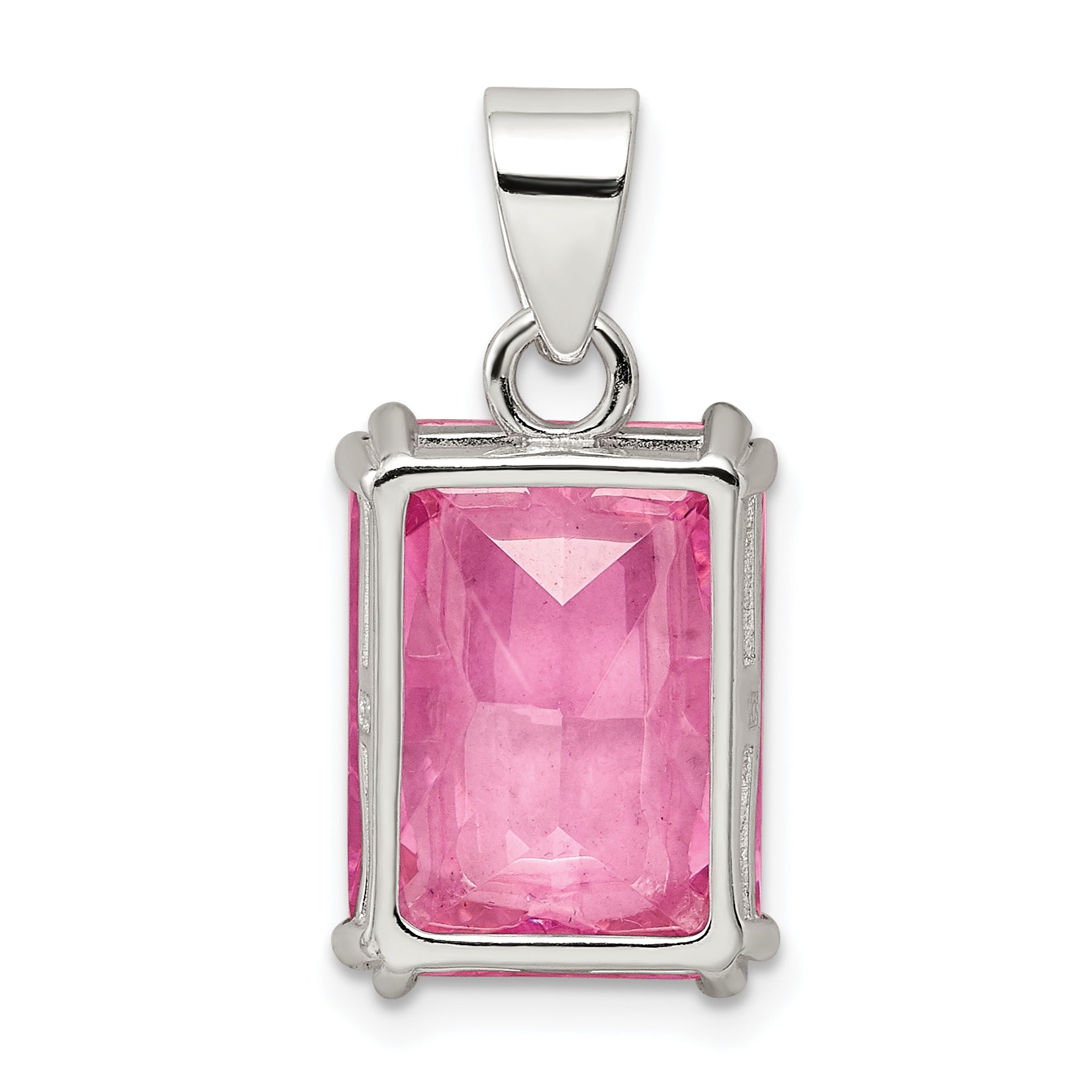 Sterling Silver Rectangle Pink Cz Pendant