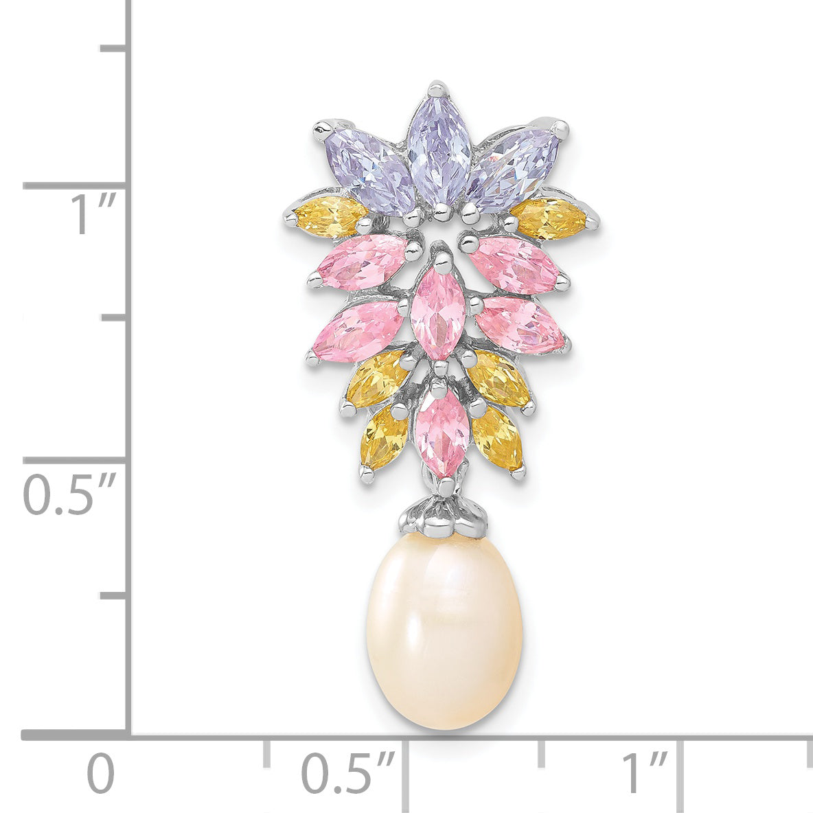 Sterling Silver Fancy Simulated Pearl And Cz Chain Slide Pendant