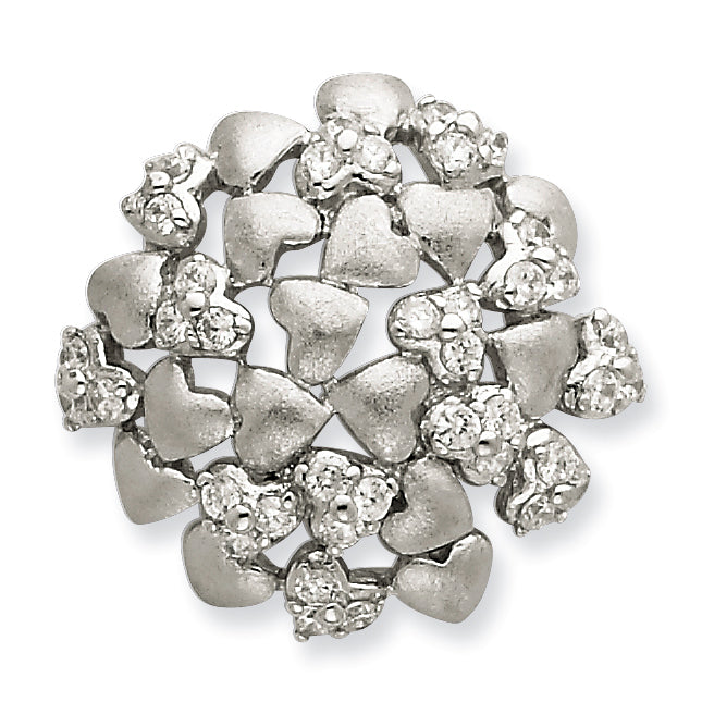 Sterling Silver Satin & Cz Hearts Pendant