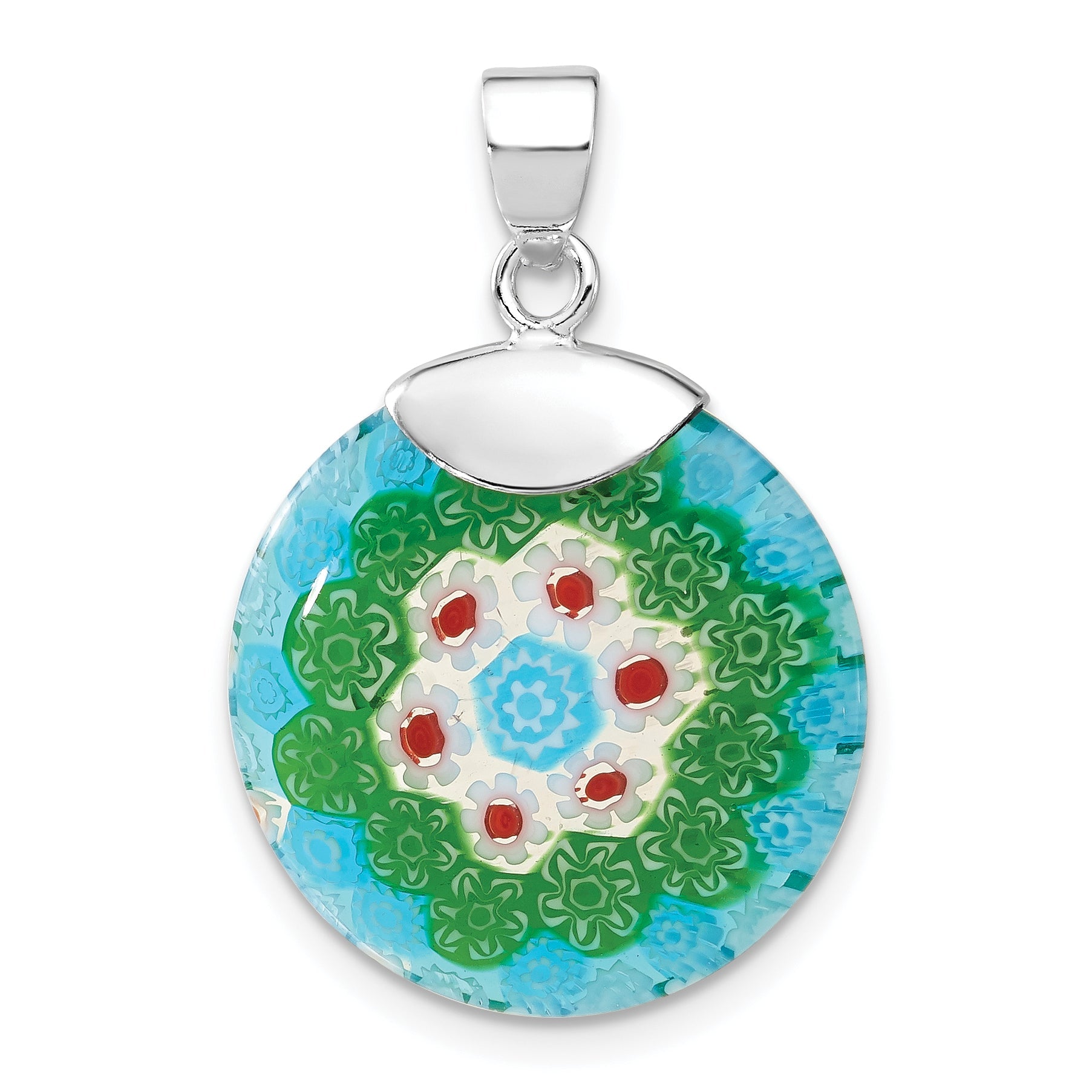 Sterling Silver Multicolored Glass Polished Circle Pendant