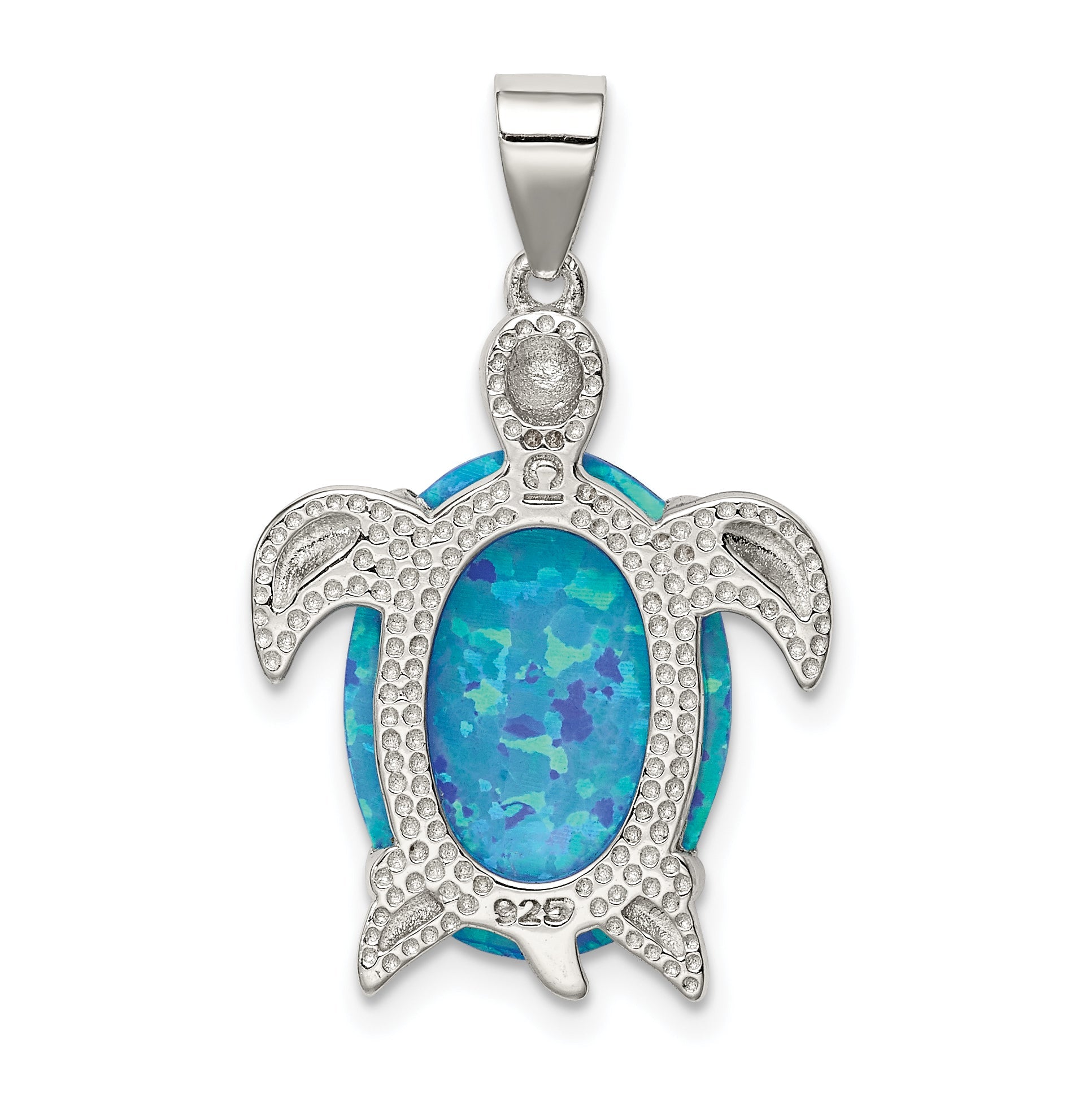 Sterling Silver Rhodium-Plated Polished Created Blue Opal Inlay Sea Turtle Pendant