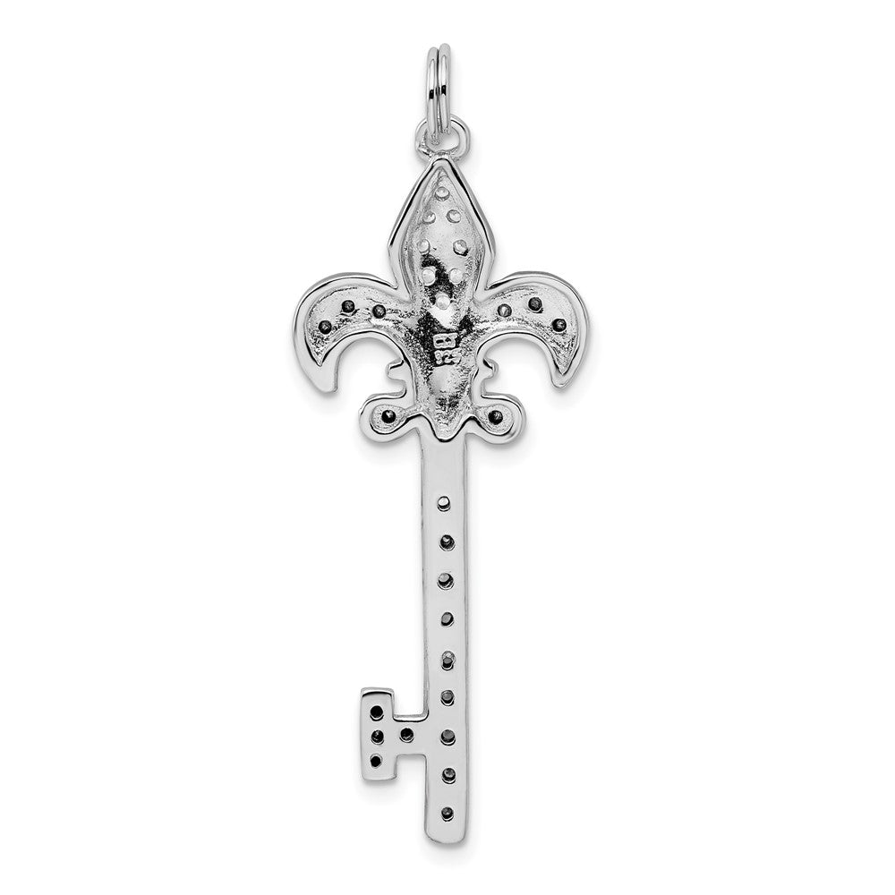 Sterling Silver Rhodium-Plated Black/White Cz Fleur De Lis Key Pendant