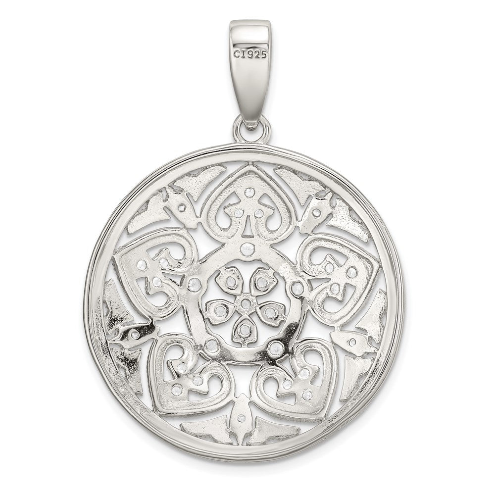 Sterling Silver Rhodium-Plated Pave Cz Floral Design Circle Pendant