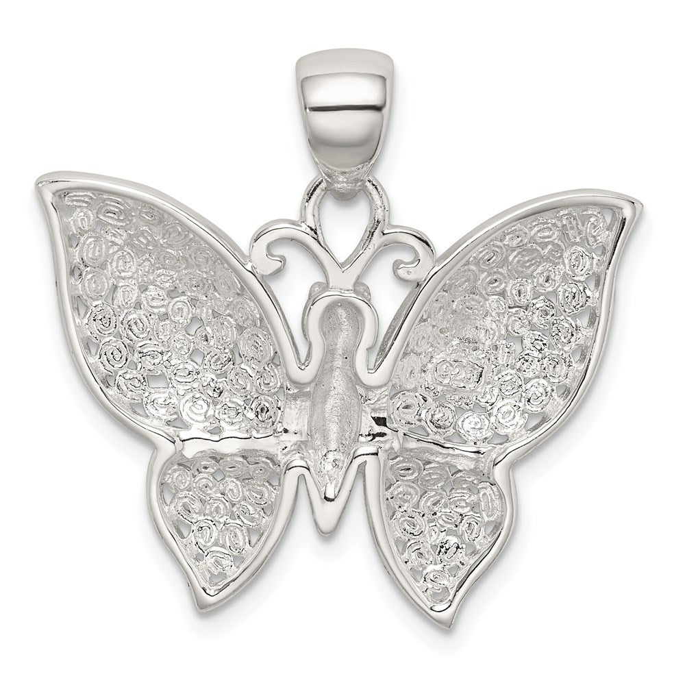 Sterling Silver Rhodium-Plated Polished/Textured Butterfly Pendant