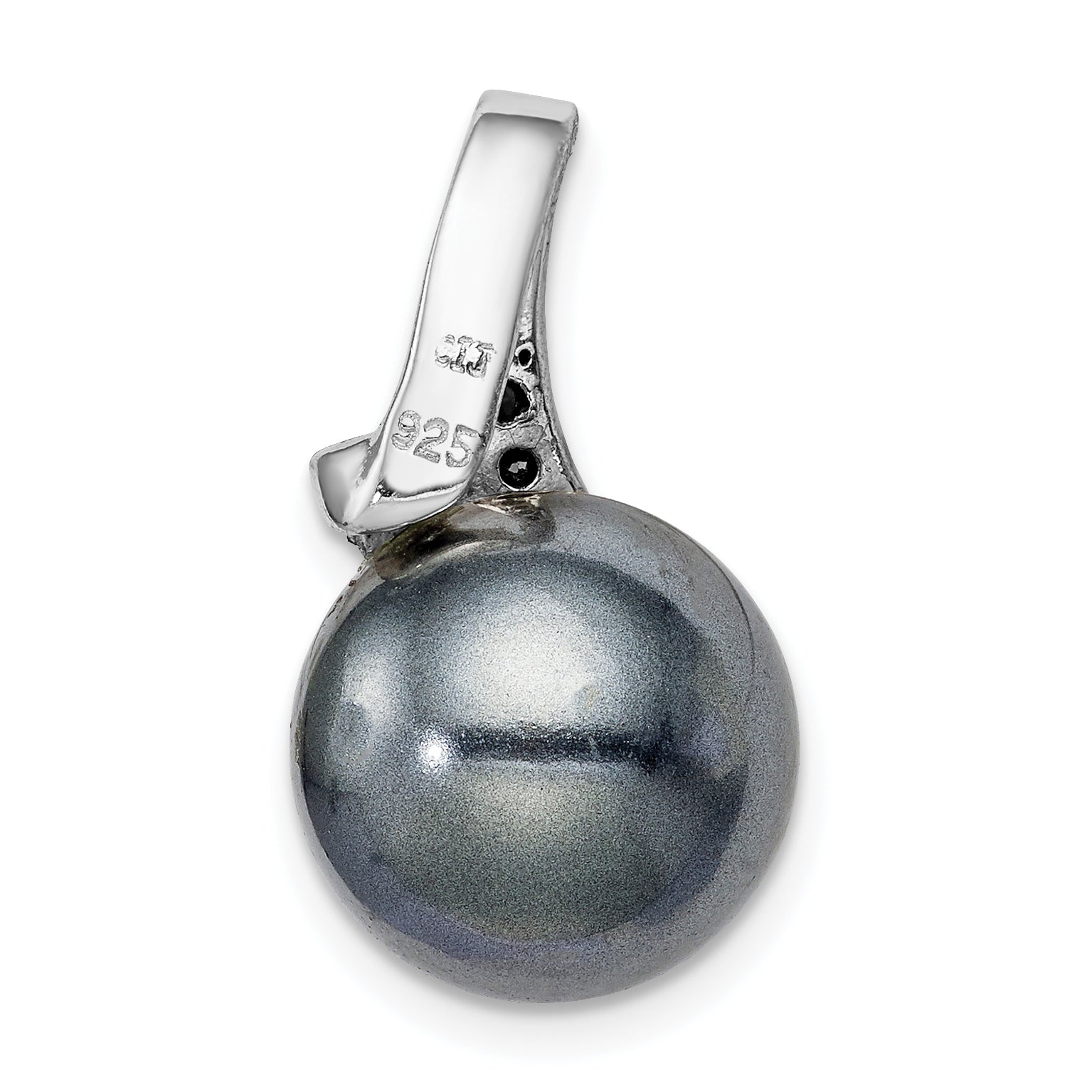 Sterling Silver Rhod-Plated Blk/Wht Cz Blk Imitation Shell Pearl Pendant