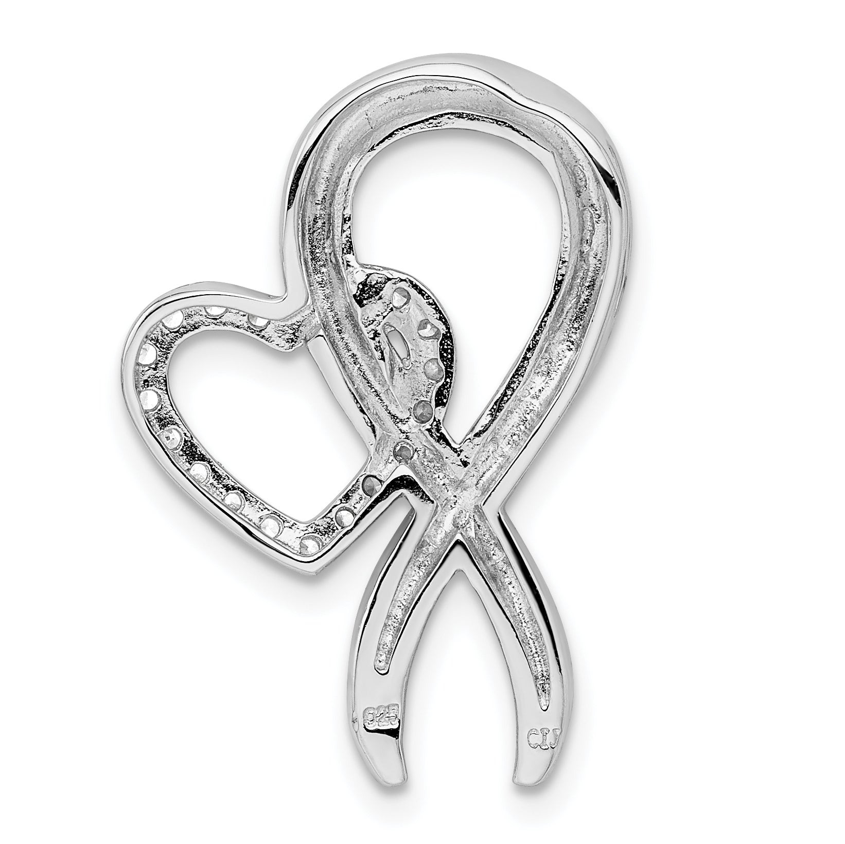 Sterling Silver Rhod-Plated Cz Heart/Breast Cancer Ribbon Chain Slide