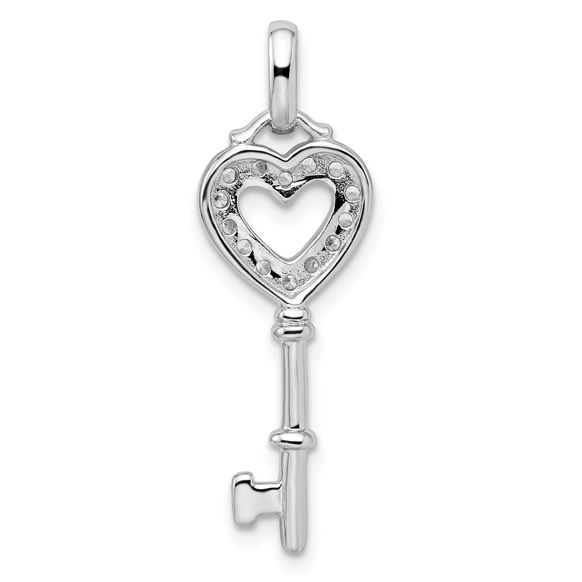 Sterling Silver Rhodium Plated Cz Key Pendant