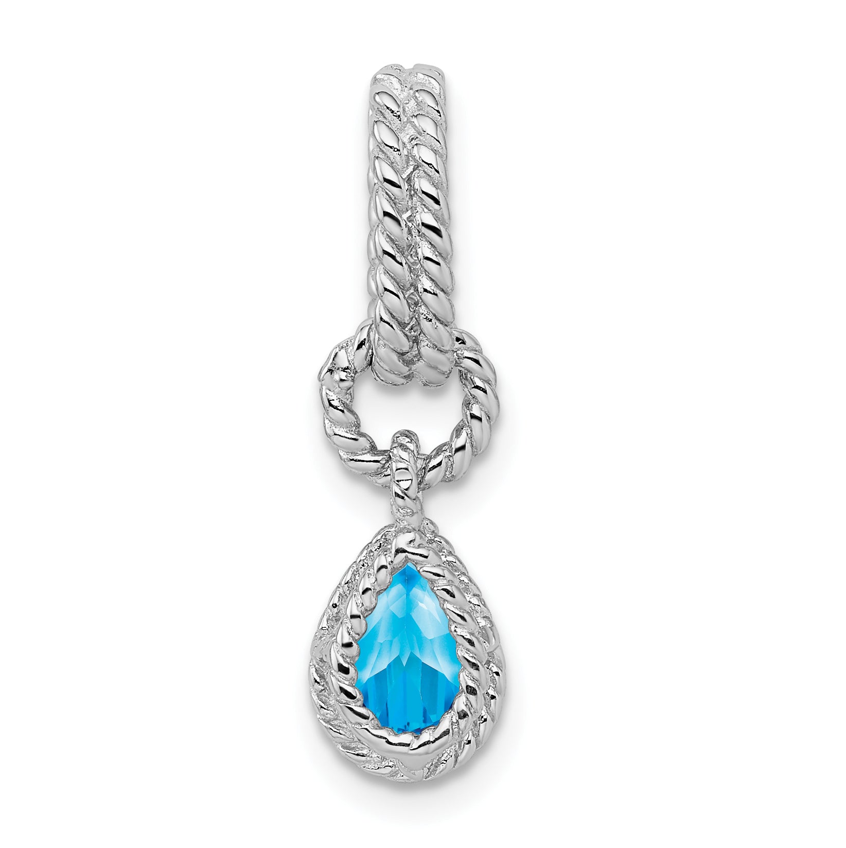 Sterling Silver Rhodium Blue Topaz Pear Twisted Pendant