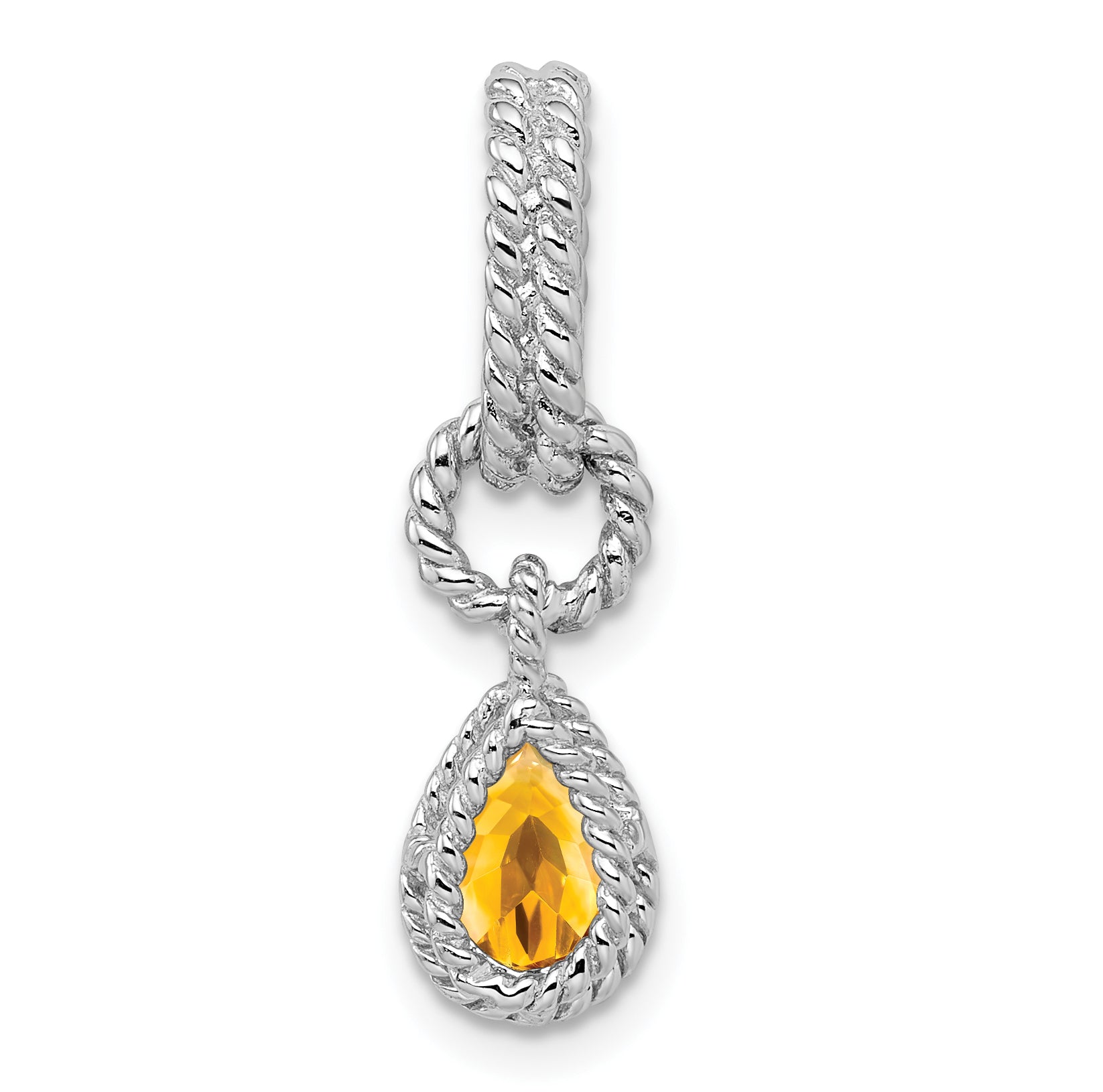 Sterling Silver Rhodium Citrine Pear Twisted Pendant