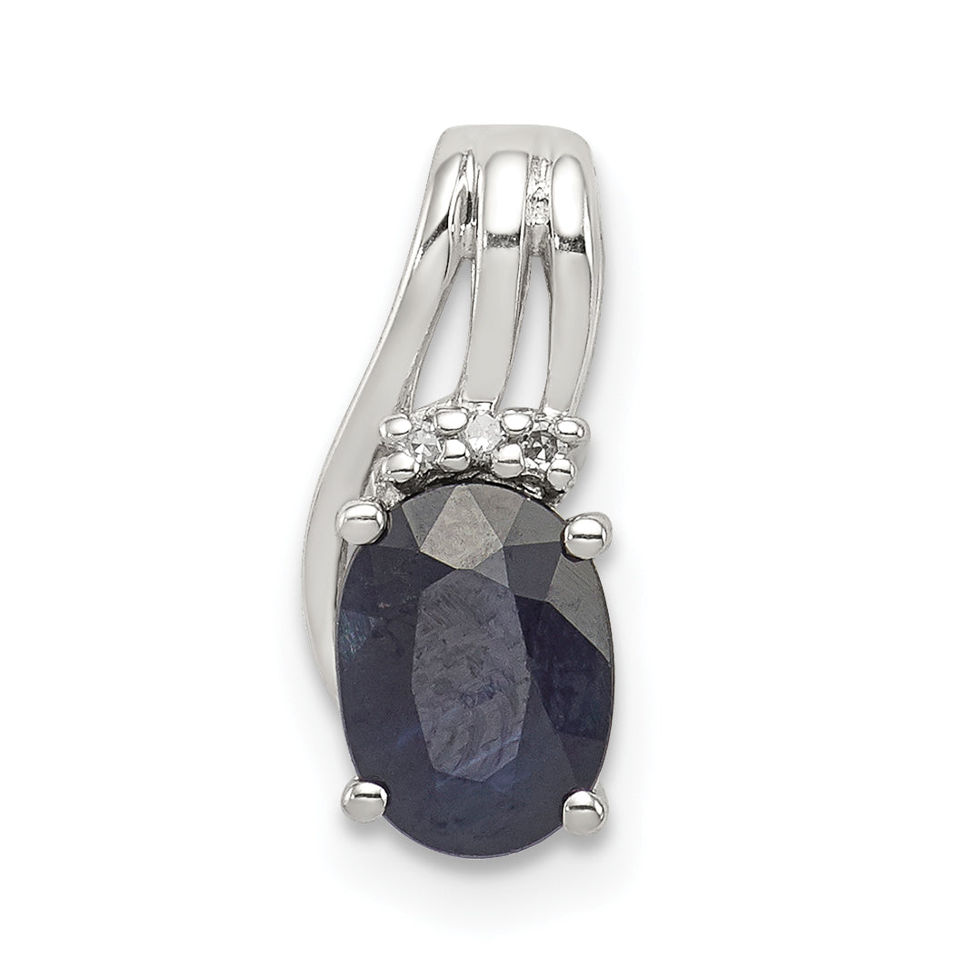 Sterling Silver Rhodium Plated Diamond & Sapphire Oval Pendant