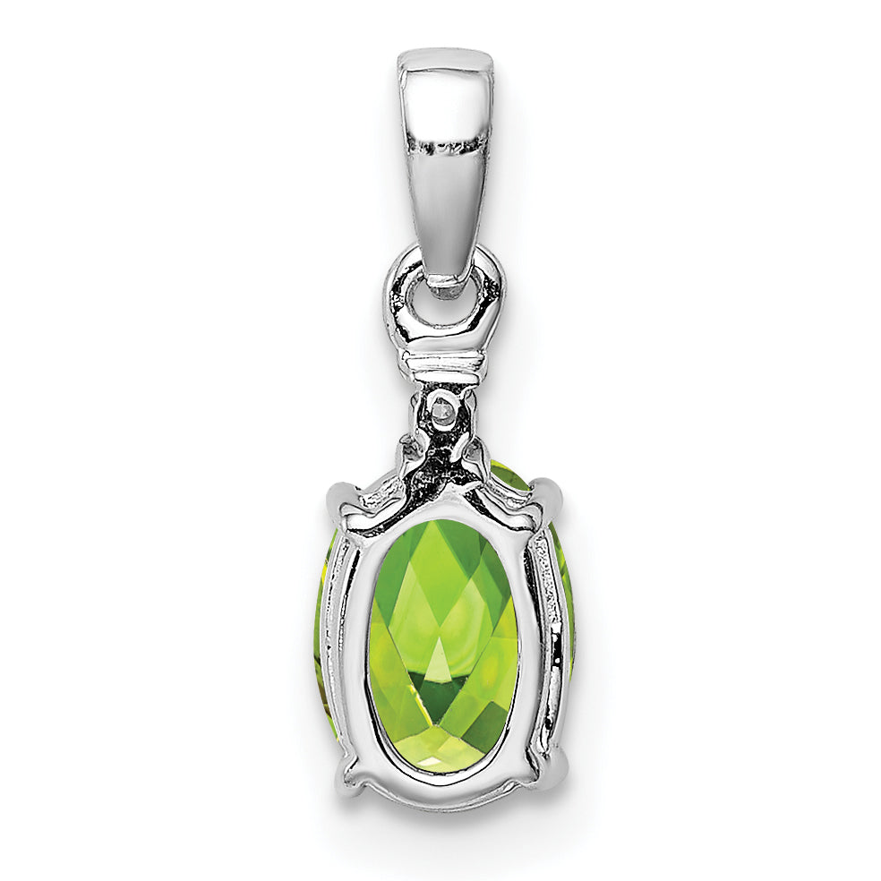Sterling Silver Rhodium Plated Diamond And Peridot Oval Pendant