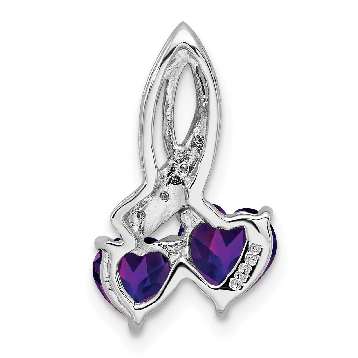 Sterling Silver Rh Plated Diamond And Amethyst Double Heart Chain Slide