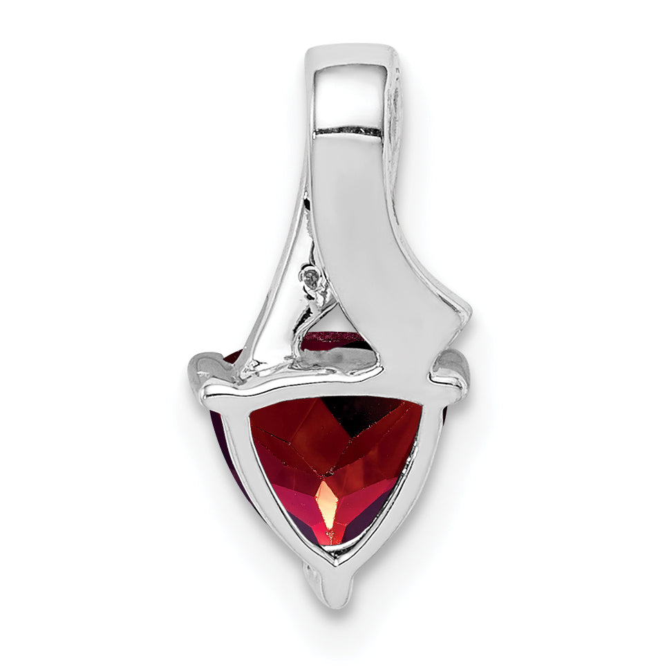 Sterling Silver Rhodium Plated Diamond And Garnet Trillion Pendant