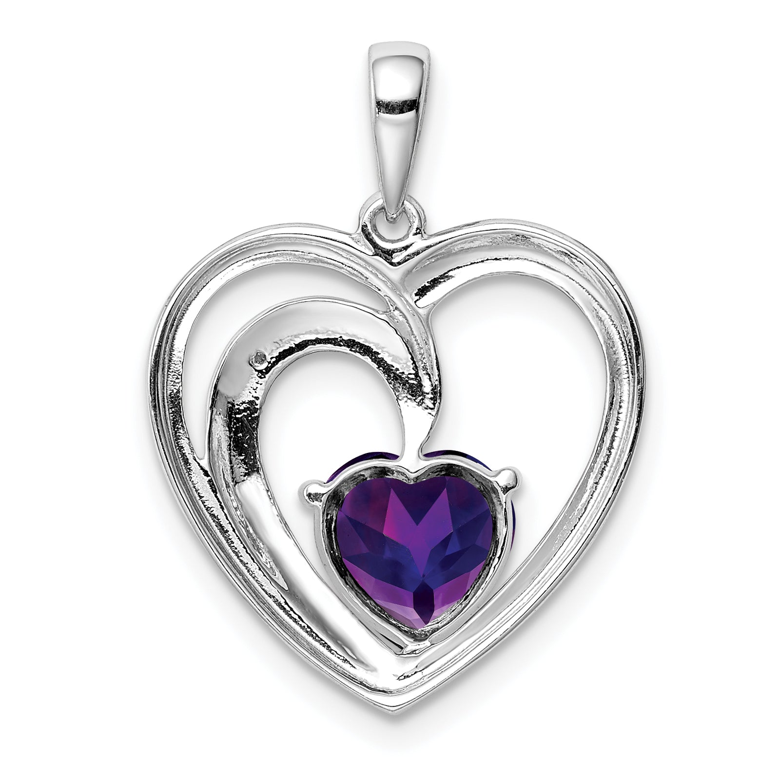 Sterling Silver Rhodium Plated Diamond And Amethyst Heart Pendant