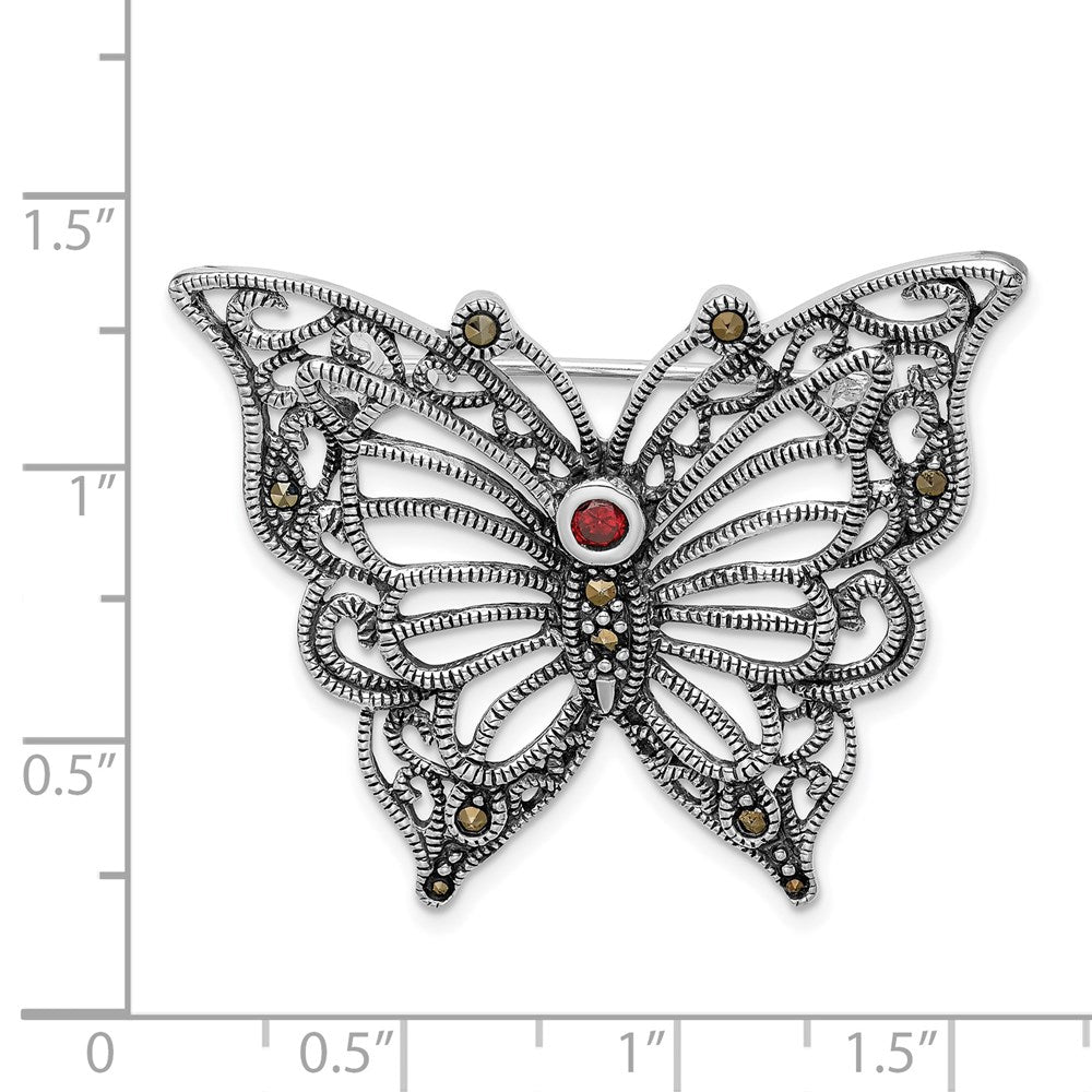 Sterling Silver Rhodium-Plated Marcasite Red Cz Butterfly Pin Brooch