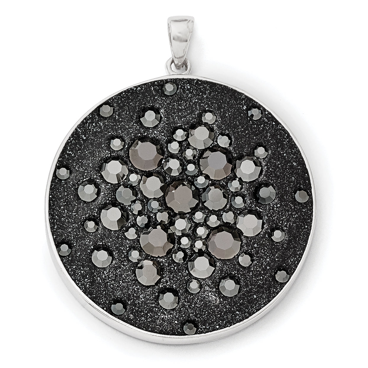 Sterling Silver Rhodium Black Clay & Preciosa Crystal Round Pendant