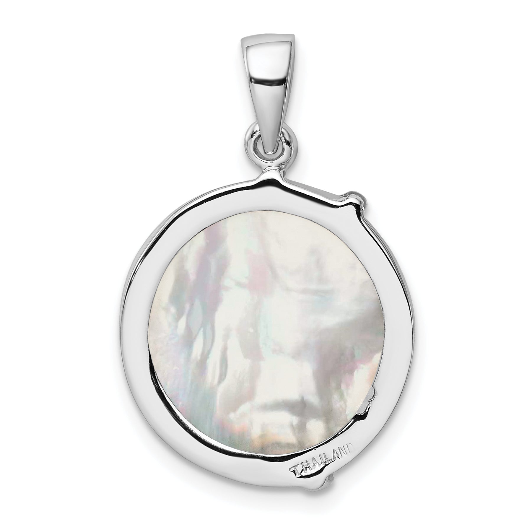 Sterling Silver Rhodium-Plated Polished Round Mother Of Pearl Palm Tree Pendant