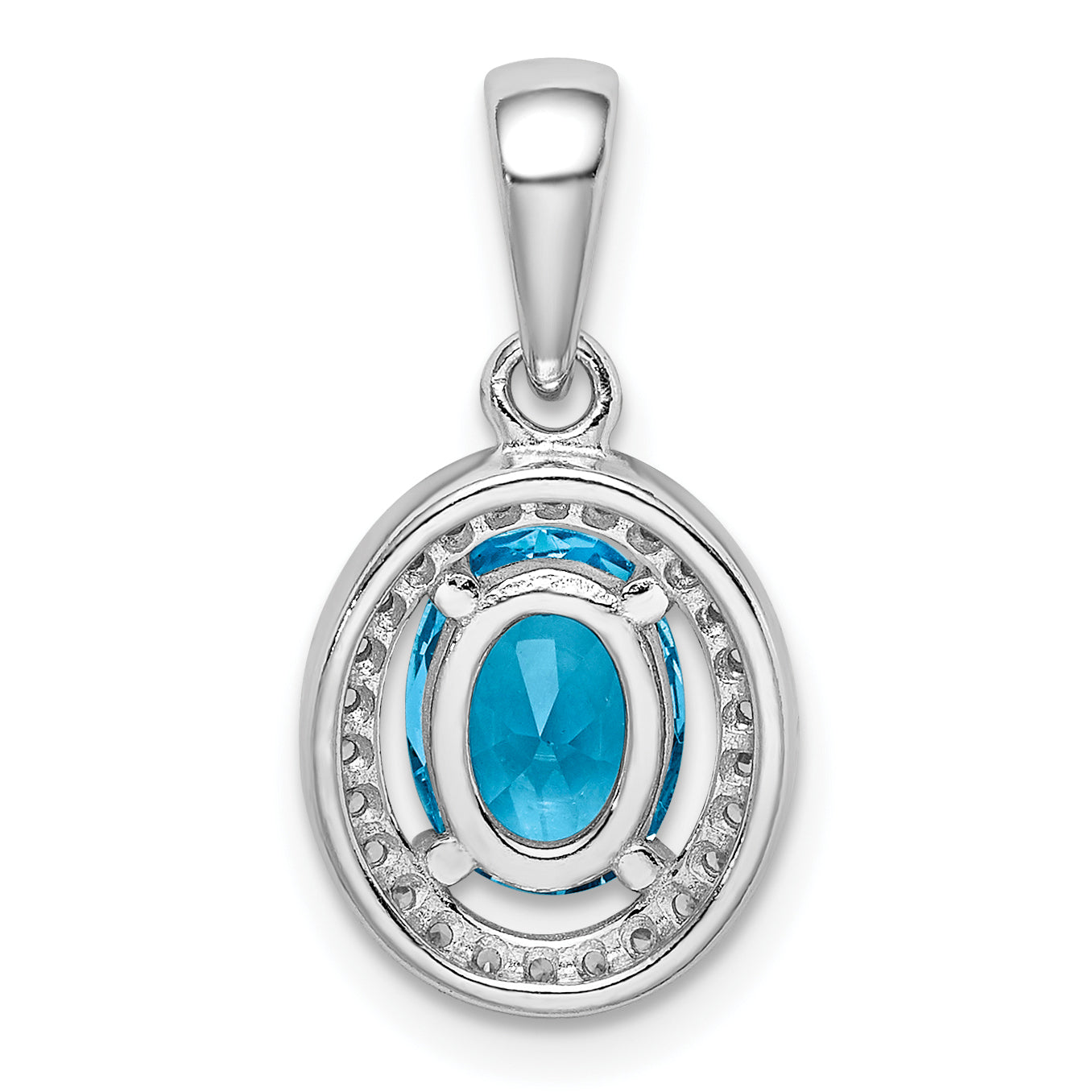 Sterling Silver Rhod-Plated W/ Light Blue And White Cz Oval Pendant