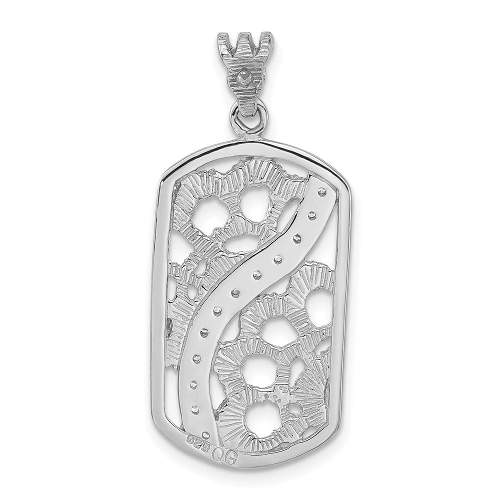 Sterling Silver Rhodium-Plated Textured Cz Floral Cut-Out Dogtag Pendant