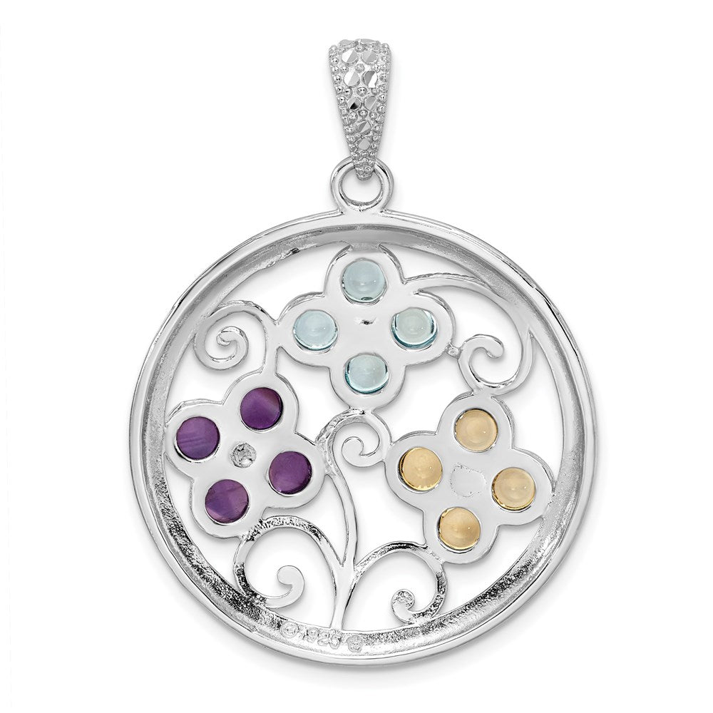 Sterling Silver Rhodium-Plated Citrine Bl Topaz & Amethyst Flower Pendant