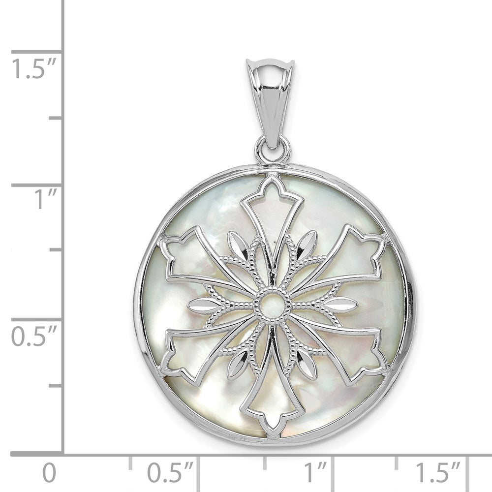 Sterling Silver Rhodium-Plated Snowflake Diamond Cut Mother Of Pearl And Onyx Reversible Pendant