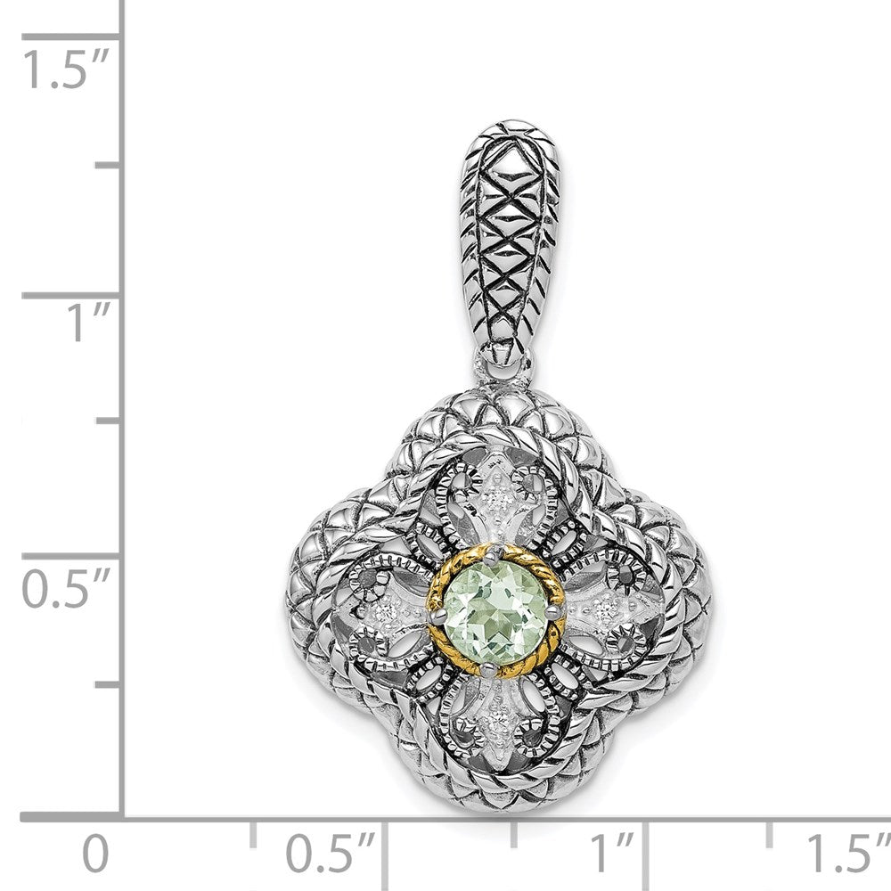 Silver/14K Two-Tone Sterling Silver Rhod. W/14K Gold Accent Qrtz & Cz Filigree Clover Pendant