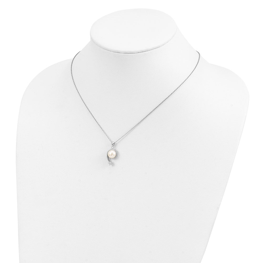 Sterling Silver Rhodium-Plated 8-9mm White Fwc Pearl Cz Pendant Necklace