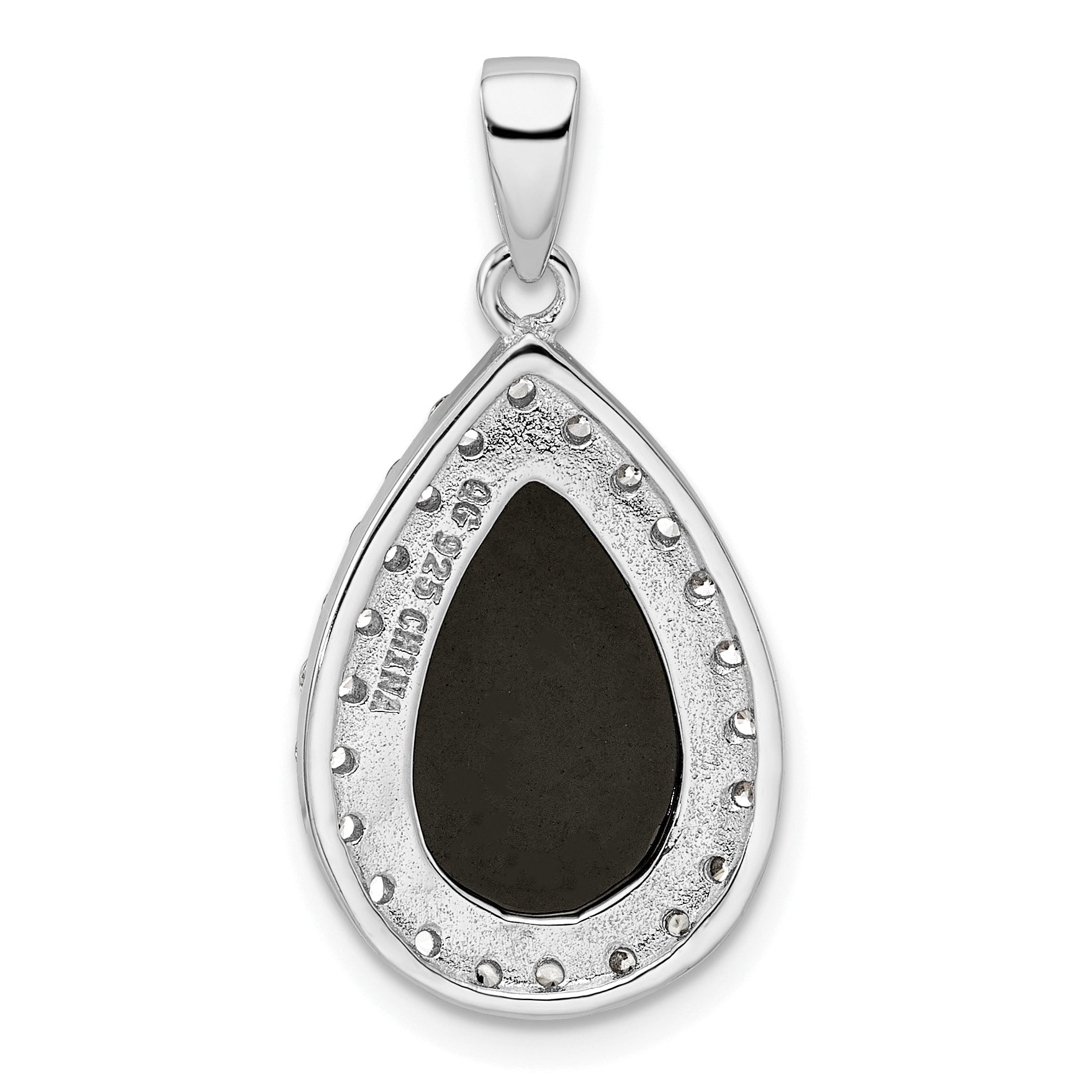 Sterling Silver Rhodium-Plated Cz And Onyx Tear Drop Pendant