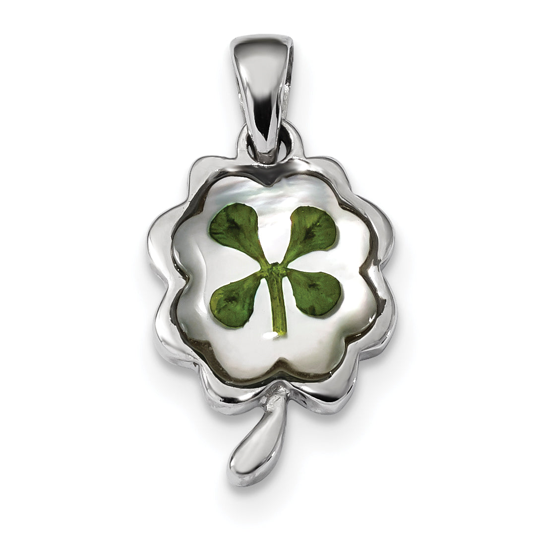 Sterling Silver Platinum Plated Leaf Clover Epoxy & Shell Pendant