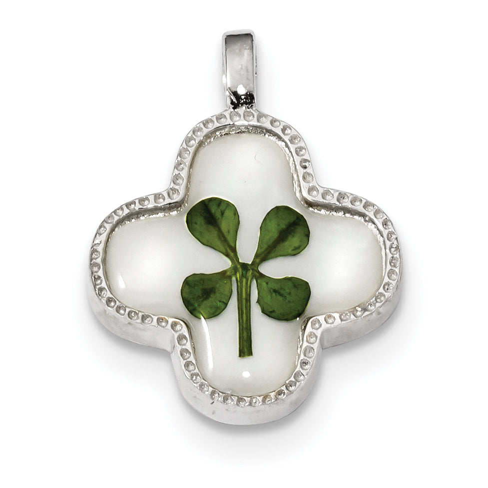 Sterling Silver Platinum Plated Real Clover Epoxy & Shell Pendant