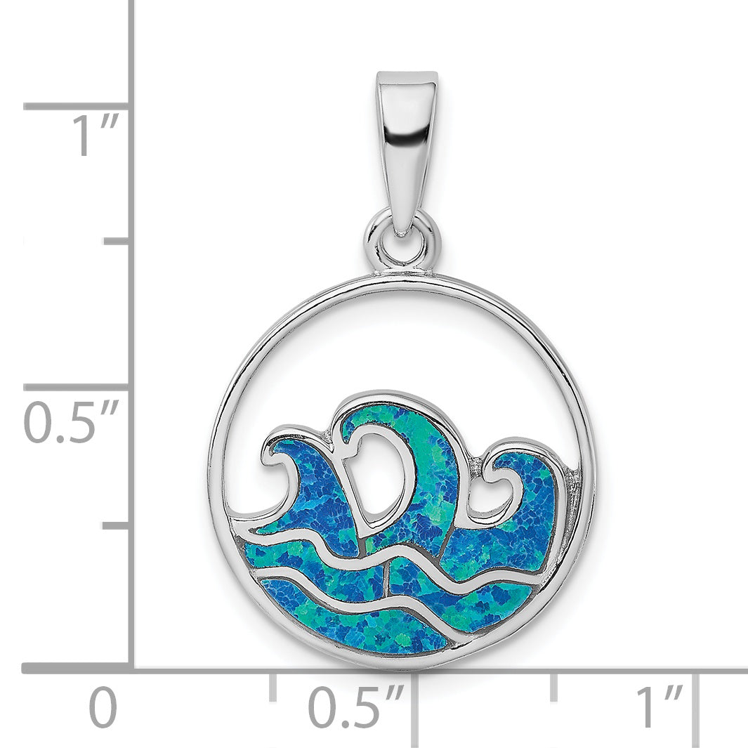 Sterling Silver Rhodium-Plated Blue Created Opal Wave Pendant
