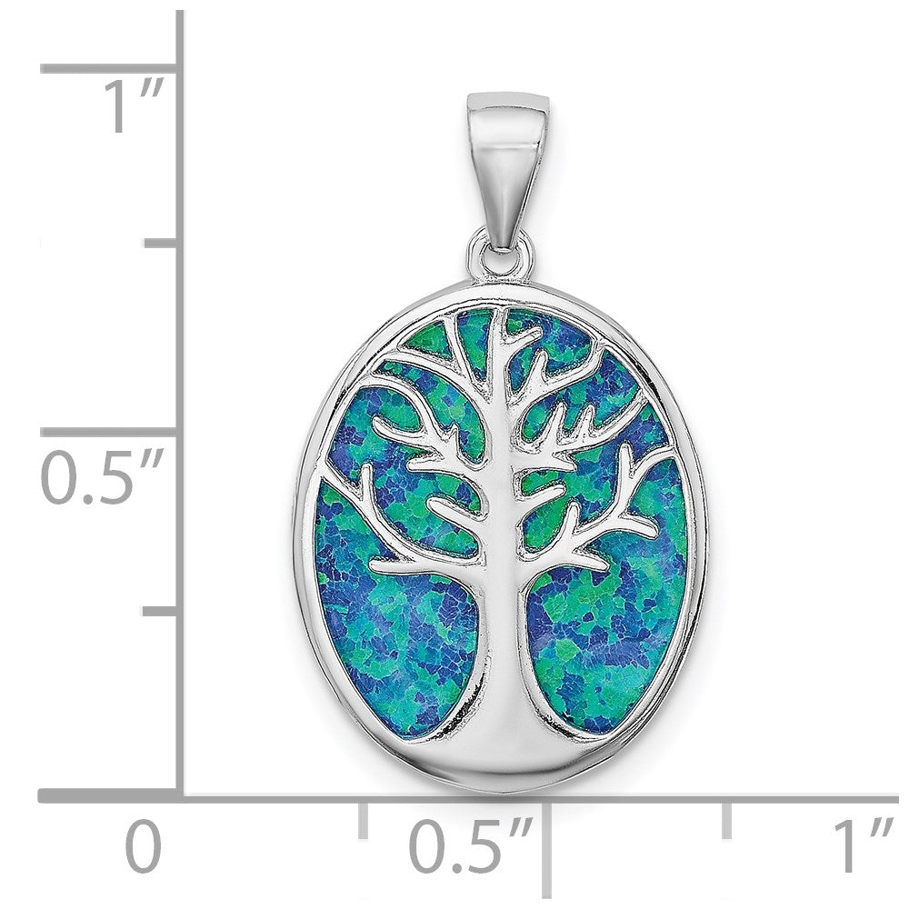 Sterling Silver Rhodium-Plated Created Opal Tree Of Life Oval Pendant